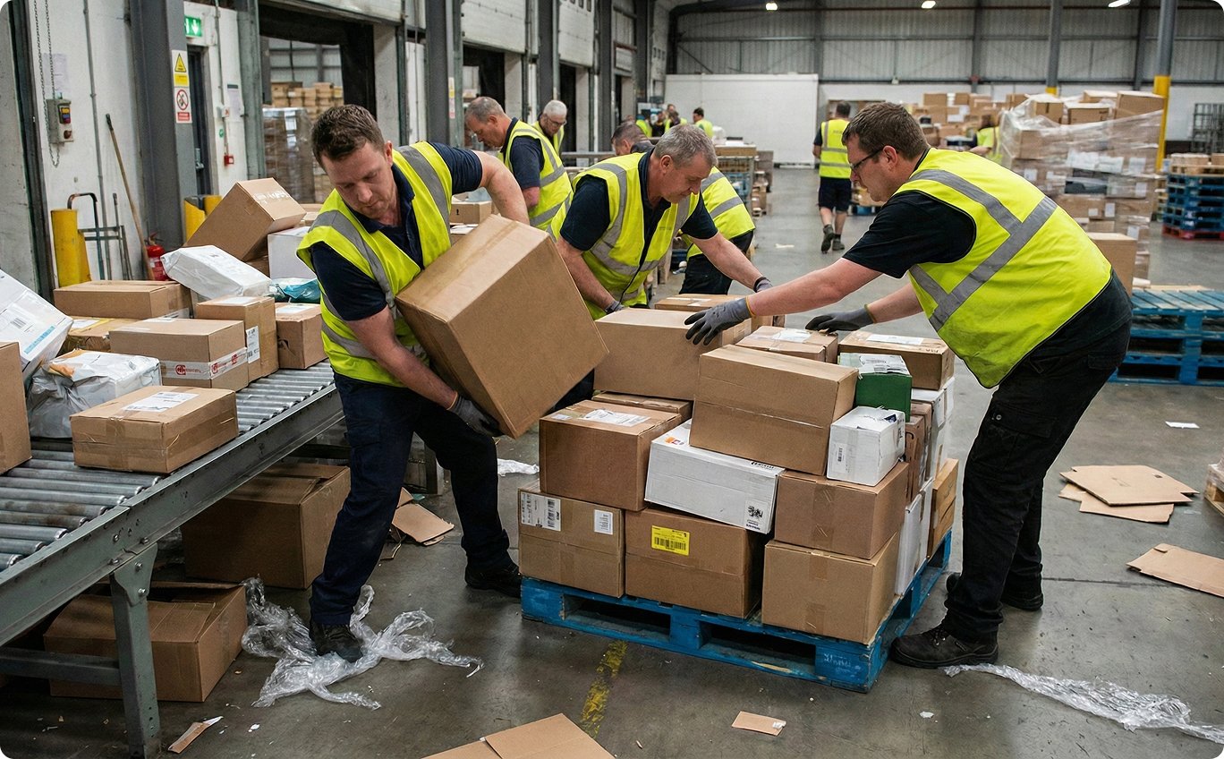 Workers in warehouse with OmniPalletizer